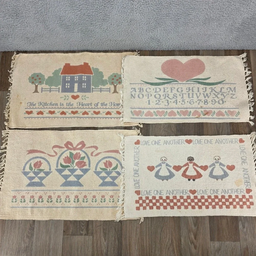 Vintage‎ Country Folk Art Woven Placemats Set 4 Saltbox House Heart Sampler Blue
